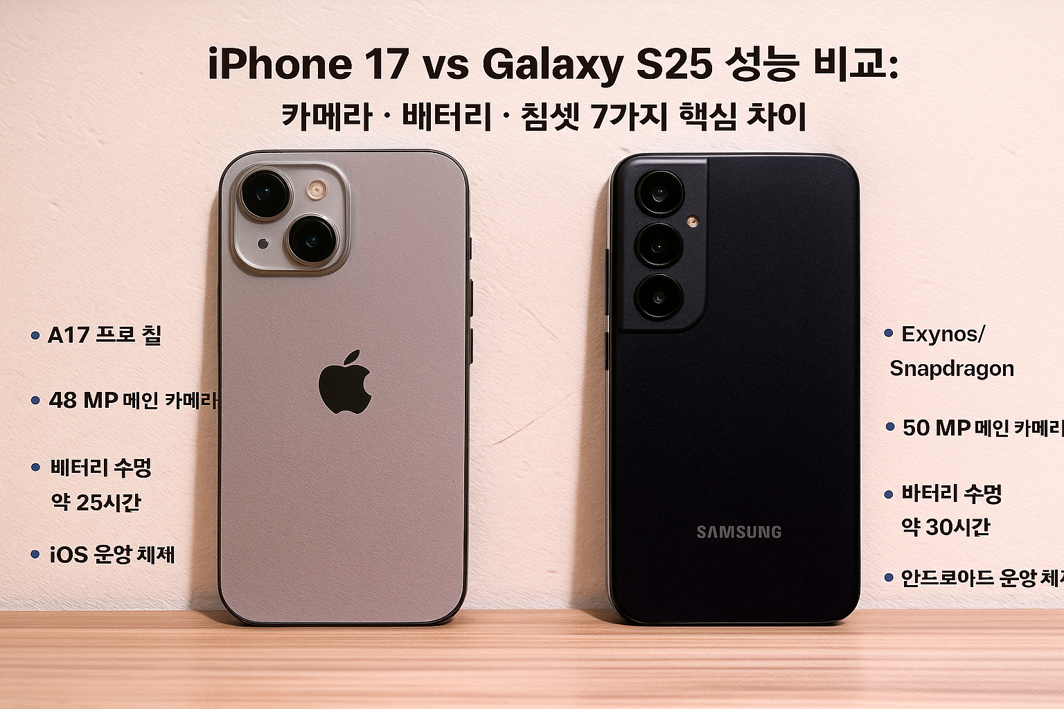 아이폰 17 vs 갤럭시 S25 성능 비교: 카메라 배터리 칩셋 7가지 핵심 차이