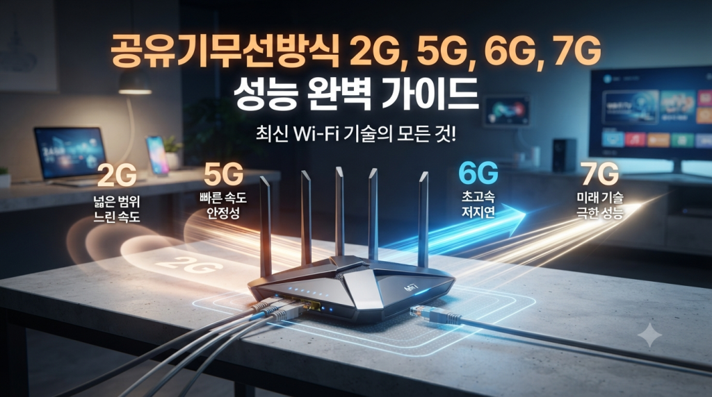 공유기무선방식 Wi-Fi 기술인 2G, 5G, 6G, 7G 무선 방식의 성능과 특징을 설명하는 고성능 공유기 실사 썸네일 이미지