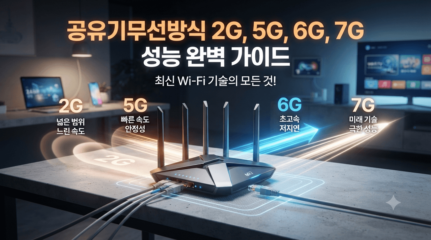 공유기무선방식 Wi-Fi 기술인 2G, 5G, 6G, 7G 무선 방식의 성능과 특징을 설명하는 고성능 공유기 실사 썸네일 이미지