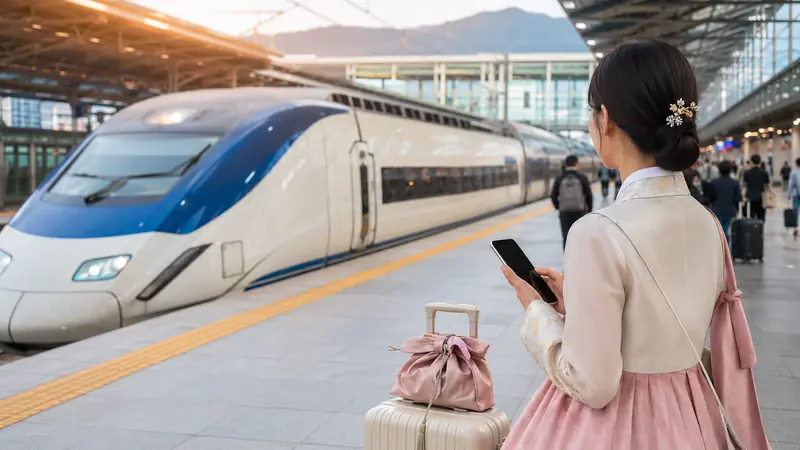 2026 추석 기차표 예매를 준비하는 KTX 승강장과 모바일 예매 장면